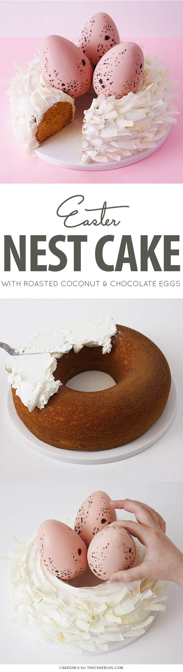 Easter Nest Cake - how to make a nest cake with roasted coconut and chocolate eggs for Easter dessert | by Cakegirls for TheCakeBlog.com