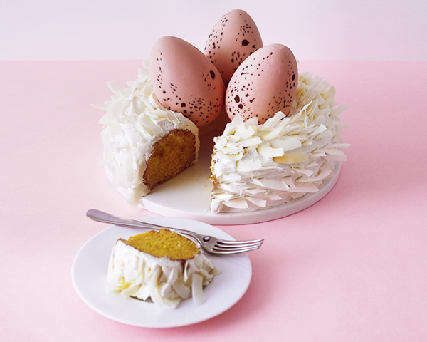 Easter Nest Cake - how to make a nest cake with roasted coconut and chocolate eggs for Easter dessert | by Cakegirls for TheCakeBlog.com