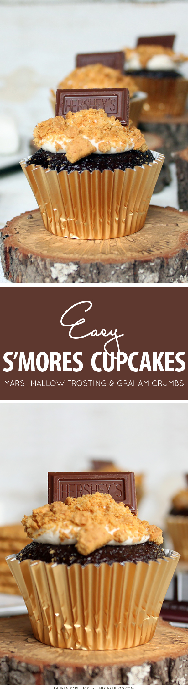 S'mores Cupcakes - easy s'more inspired cupcake recipe with chocolate cupcakes, marshmallow frosting, graham cracker crumbs and a hunk of milk chocolate | by Lauren Kapeluck for TheCakeBlog.com