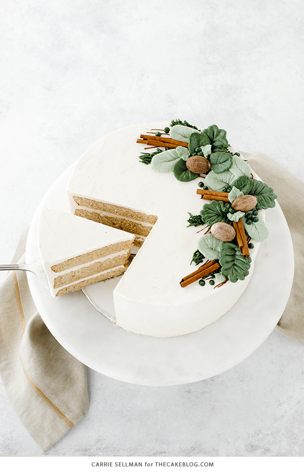 Eggnog Cake - a rich butter cake with hints of cinnamon and nutmeg, paired with a creamy eggnog buttercream | by Carrie Sellman for TheCakeBlog.com