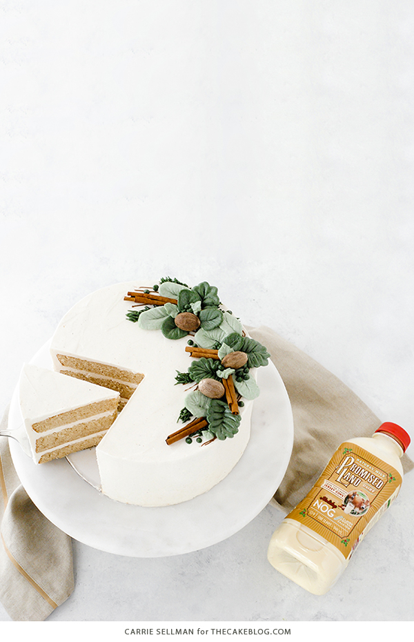 Eggnog Cake - a rich butter cake with hints of cinnamon and nutmeg, paired with a creamy eggnog buttercream | by Carrie Sellman for TheCakeBlog.com