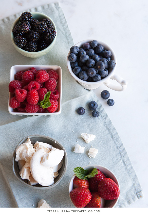  Mess Cake - Inspired by the classic dessert, this cake combines crisp meringues, sweetened cream, fresh berries - layered between an airy sponge cake. | By Tessa Huff for TheCakeBlog.com
