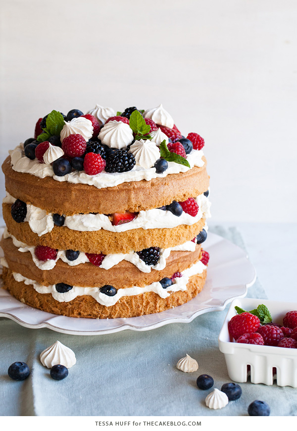  Mess Cake - Inspired by the classic dessert, this cake combines crisp meringues, sweetened cream, fresh berries - layered between an airy sponge cake. | By Tessa Huff for TheCakeBlog.com