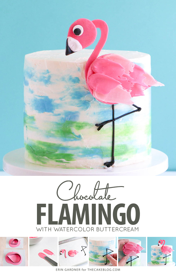 Flamingo Cake - how to make a pink flamingo cake topper using chocolate candy melts and brushstroke feathers | by Erin Gardner for TheCakeBlog.com