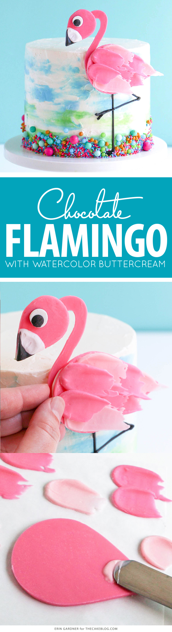 Flamingo Cake - how to make a pink flamingo cake topper using chocolate candy melts and brushstroke feathers | by Erin Gardner for TheCakeBlog.com