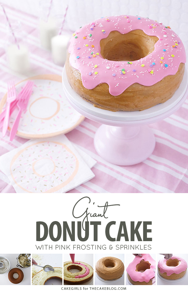 Giant Donut Cake! Learn how to make this adorable, sprinkle-coated, giant donut cake with a simple step-by-step tutorial | by Cakegirls for TheCakeBlog.com