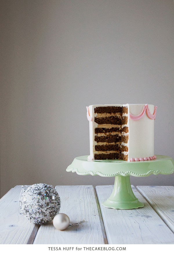 Gingerbread Latte Cake! Gingerbread cake, espresso buttercream and toffee bits, perfect for holiday parties and Christmas dessert | by Tessa Huff for TheCakeBlog.com