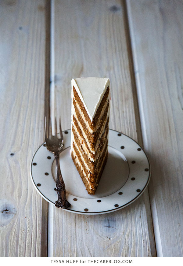 Gingerbread Latte Cake! Gingerbread cake, espresso buttercream and toffee bits, perfect for holiday parties and Christmas dessert | by Tessa Huff for TheCakeBlog.com