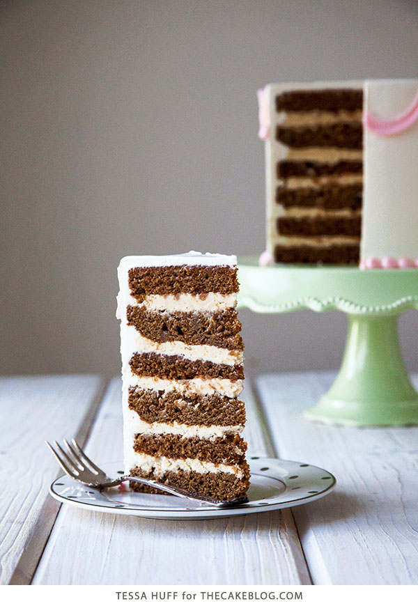 Gingerbread Latte Cake! Gingerbread cake, espresso buttercream and toffee bits, perfect for holiday parties and Christmas dessert | by Tessa Huff for TheCakeBlog.com