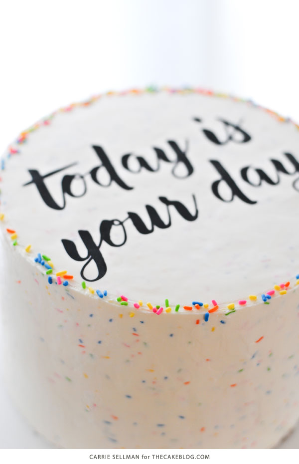 Graduation Party Desserts including this DIY sprinkle cake with easy edible writing | by Carrie Sellman for TheCakeBlog.com