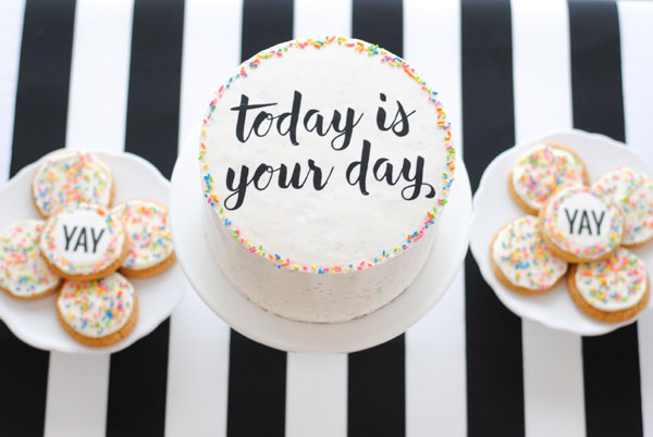 Graduation Party Desserts including this DIY sprinkle cake with easy edible writing | by Carrie Sellman for TheCakeBlog.com