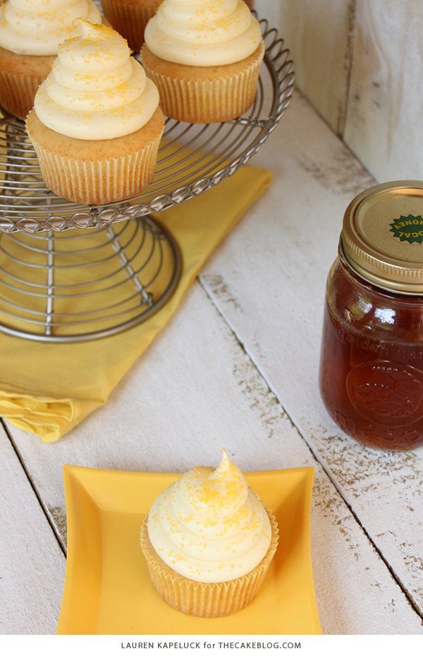 Honey Cupcakes with Honey Cream Cheese Frosting | by Lauren Kapeluck for TheCakeBlog.com