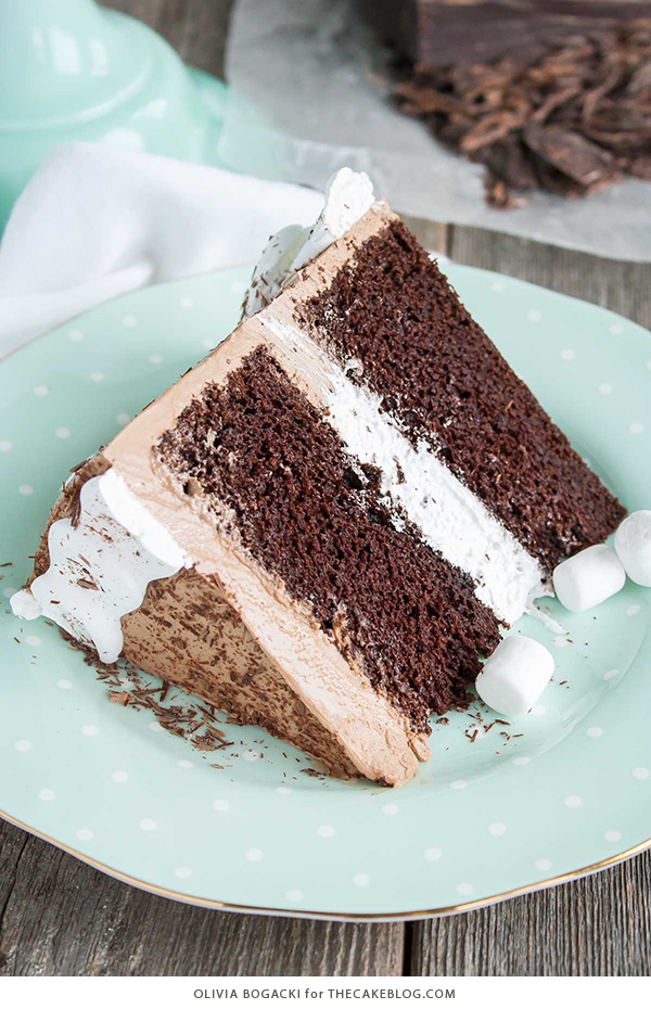 Hot Chocolate Cake with Homemade Marshmallow Fluff | by Olivia Bogacki for TheCakeBlog.com