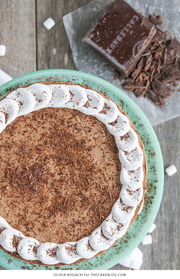 Hot Chocolate Cake with Homemade Marshmallow Fluff | by Olivia Bogacki for TheCakeBlog.com