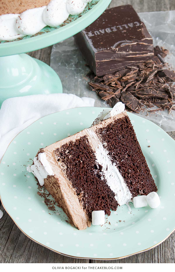 Hot Chocolate Cake with Homemade Marshmallow Fluff | by Olivia Bogacki for TheCakeBlog.com