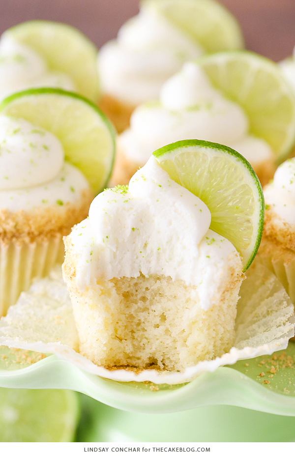 Key Lime Cupcakes - light, fluffy cupcakes full of key lime flavor! With lime juice and zest, topped with a tangy sweet lime frosting and graham cracker crumbs | by Lindsay Conchar for TheCakeBlog.com