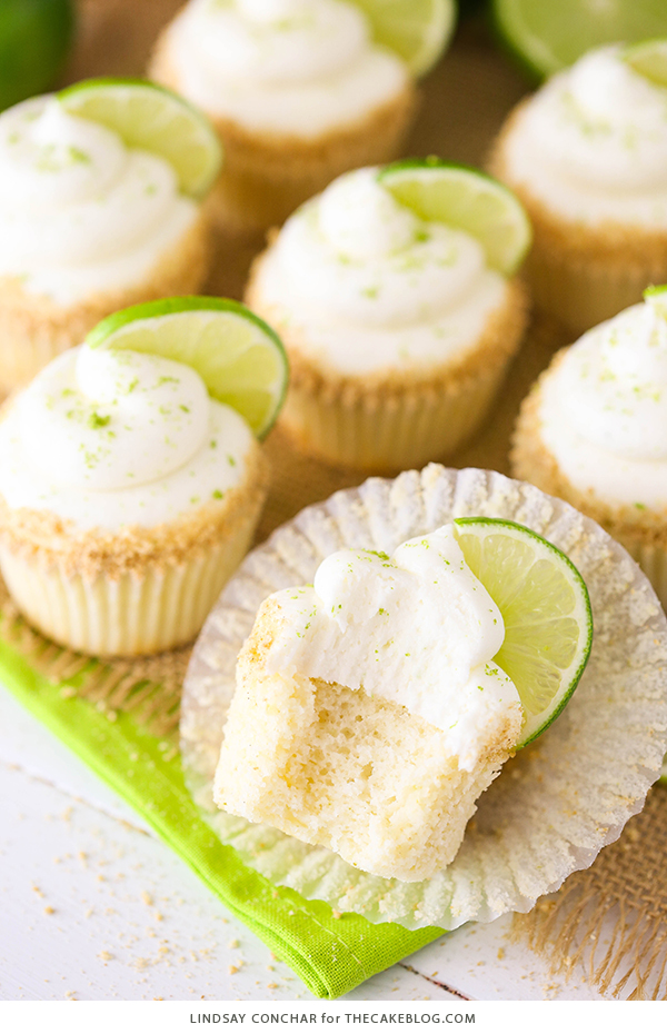 Key Lime Cupcakes - light, fluffy cupcakes full of key lime flavor! With lime juice and zest, topped with a tangy sweet lime frosting and graham cracker crumbs | by Lindsay Conchar for TheCakeBlog.com