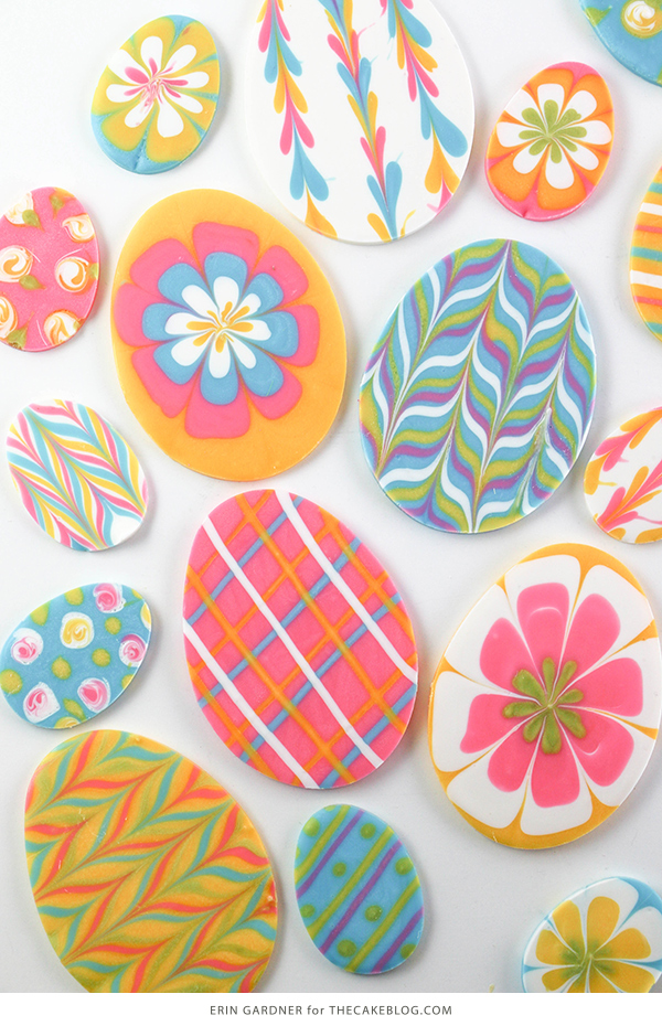 Marbled Chocolate Easter Eggs - how to make marbled Easter egg toppers for cakes and cupcakes using chocolate coating and cookie cutters | by Erin Gardner for TheCakeBlog.com