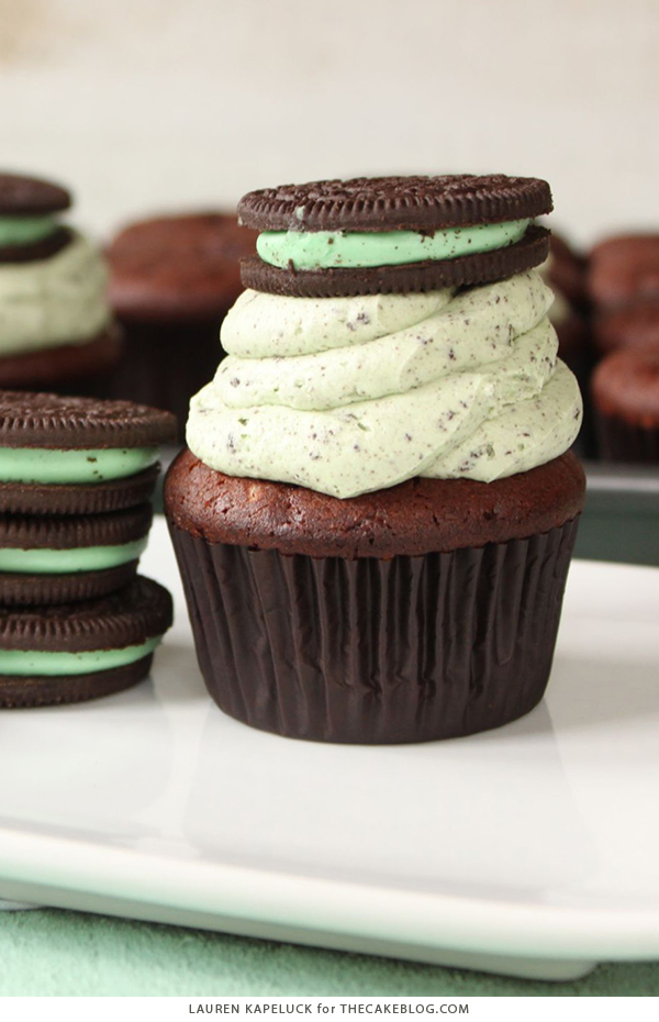 Mint Cookies 'N Cream Cupcakes with cookies in the cake and in the frosting | by Lauren Kapeluck for TheCakeBlog.com