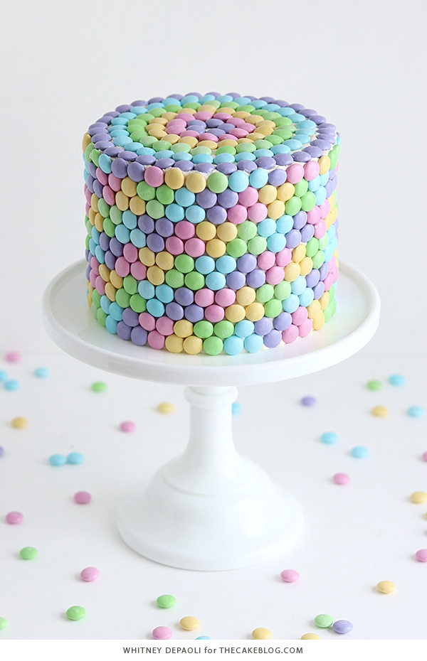 Pastel Rainbow M&M Cake | by Whitney DePaoli for TheCakeBlog.com