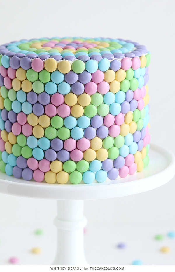 Pastel Rainbow M&M Cake | by Whitney DePaoli for TheCakeBlog.com