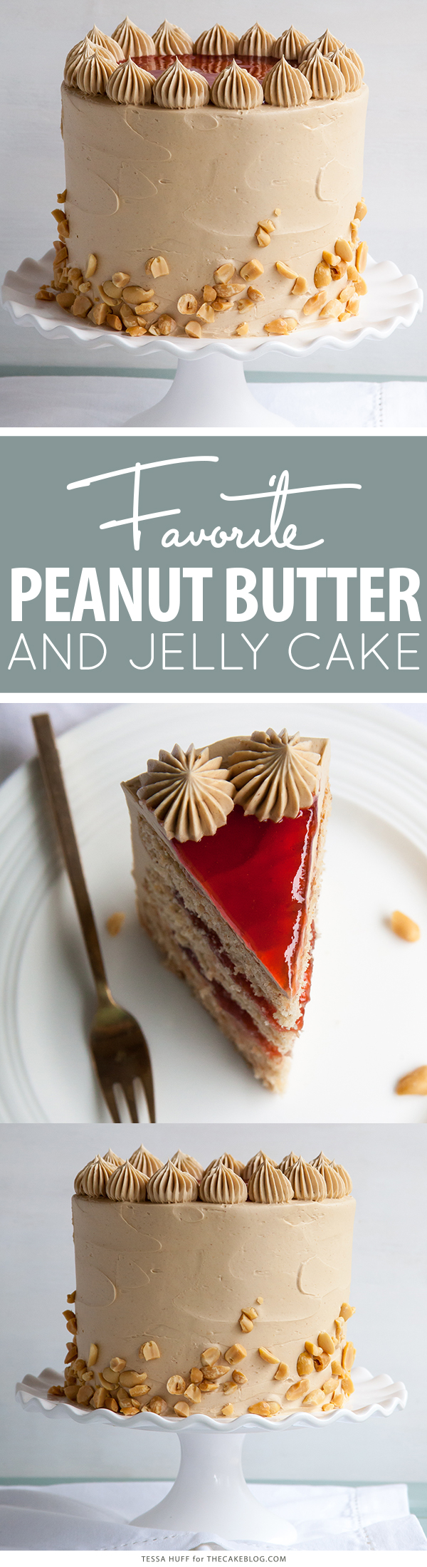 Peanut Butter & Jelly Cake | peanut butter cake with brown sugar peanut butter frosting, strawberry jam and chopped peanuts | by Tessa Huff for TheCakeBlog.com