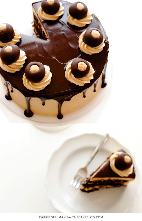 Chocolate Peanut Butter Cake - moist chocolate cake paired with peanut butter frosting and filling, topped with drippy chocolate ganache and homemade peanut butter balls, aka buckeyes | Carrie Sellman for TheCakeBlog.com