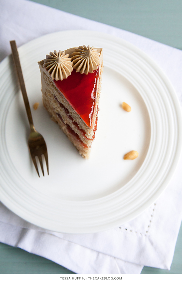 Peanut Butter & Jelly Cake | peanut butter cake with brown sugar peanut butter frosting, strawberry jam and chopped peanuts | by Tessa Huff for TheCakeBlog.com