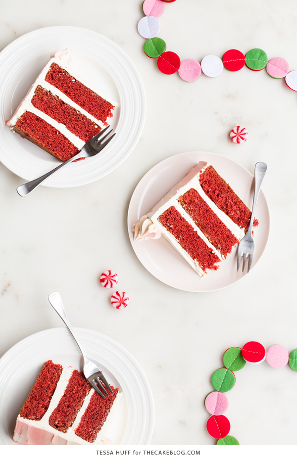 Peppermint Red Velvet Cake - bright red cake layered with white chocolate peppermint buttercream | by Tessa Huff for TheCakeBlog.com
