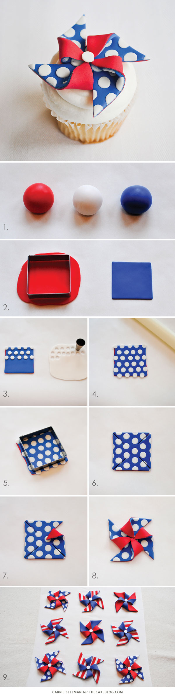 DIY Patriotic Pinwheel Cupcakes in Red, White & Blue | by Carrie Sellman for TheCakeBlog.com
