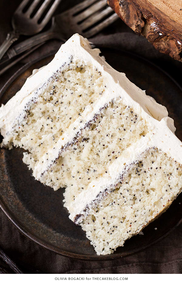 Poppy Seed Cake - poppy seed studded cake with vanilla bean frosting and poppy seed filling | by Olivia Bogacki for TheCakeBlog.com