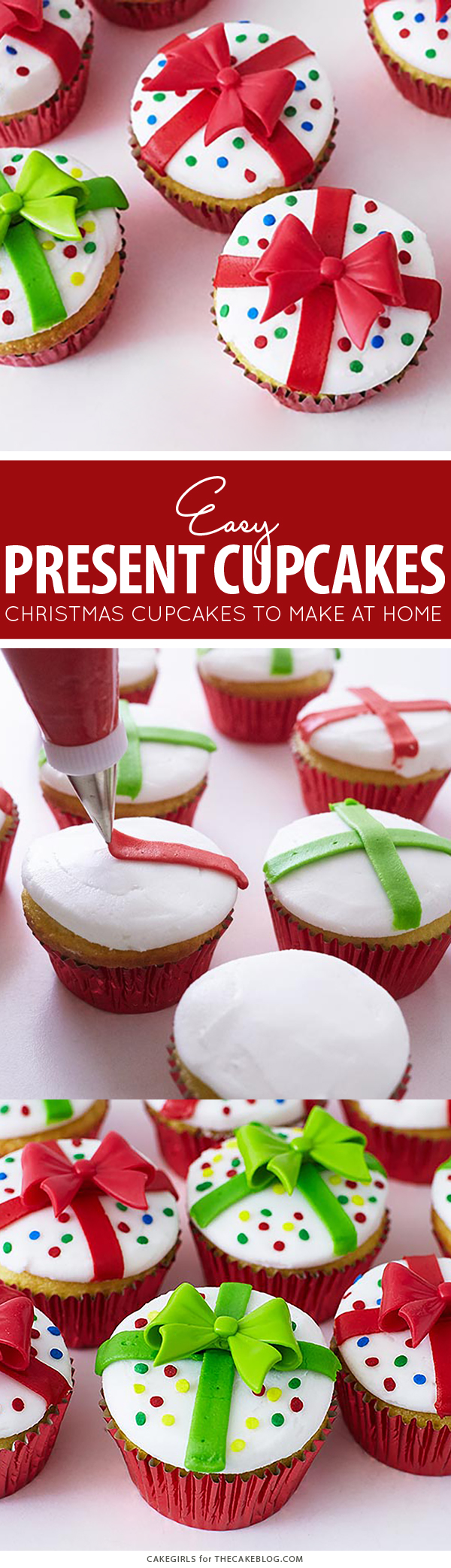 Christmas Present Cupcakes - how to decorate cupcakes to look like a gift box. A quick and easy holiday dessert | by Cakegirls for TheCakeBlog.com