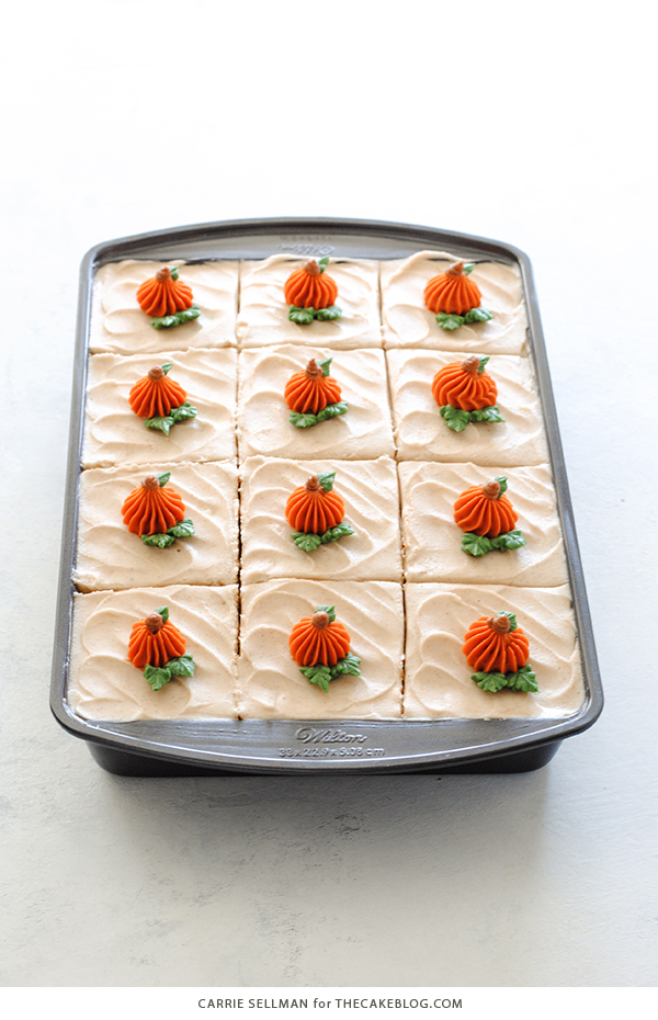 Pumpkin Sheet Cake - easy pumpkin cake with cinnamon cream cheese frosting, made from scratch and perfect for a crowd | by Carrie Sellman for TheCakeBlog.com