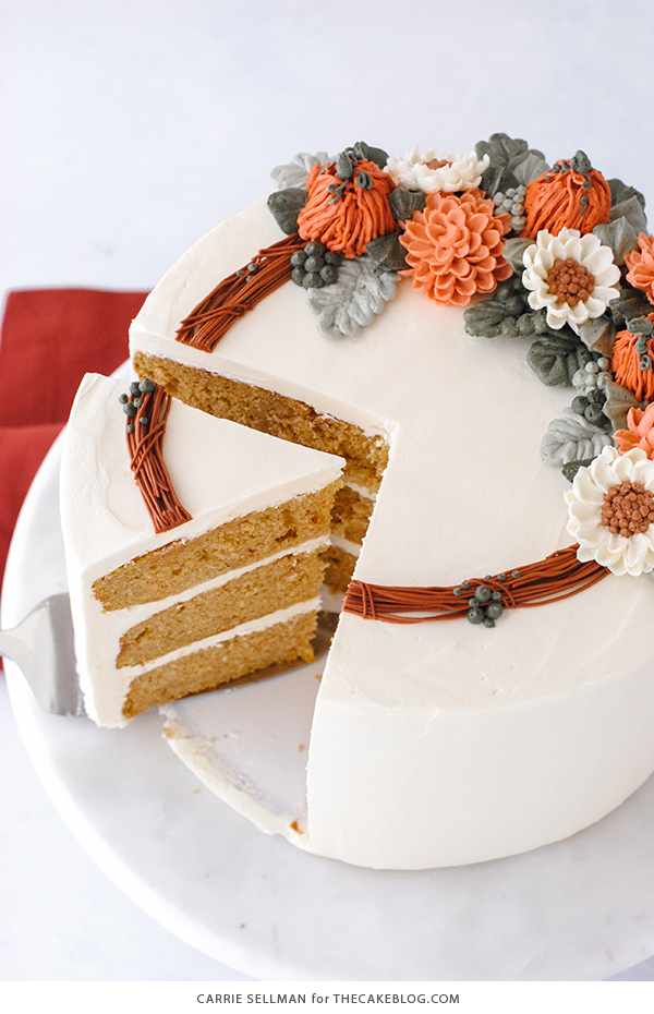 Pumpkin Spice Cake - moist pumpkin cake with cinnamon, ginger and nutmeg paired with pumpkin spice buttercream frosting | by Carrie Sellman for TheCakeBlog.com