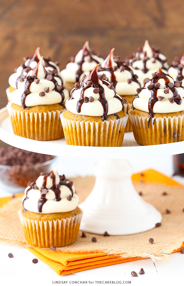 Pumpkin Chocolate Chip Cupcakes - pumpkin cupcakes studded with chocolate chips, topped with cream cheese frosting and chocolate sauce | by Lindsay Conchar for TheCakeBlog.com