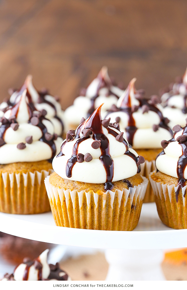 Pumpkin Chocolate Chip Cupcakes - pumpkin cupcakes studded with chocolate chips, topped with cream cheese frosting and chocolate sauce | by Lindsay Conchar for TheCakeBlog.com
