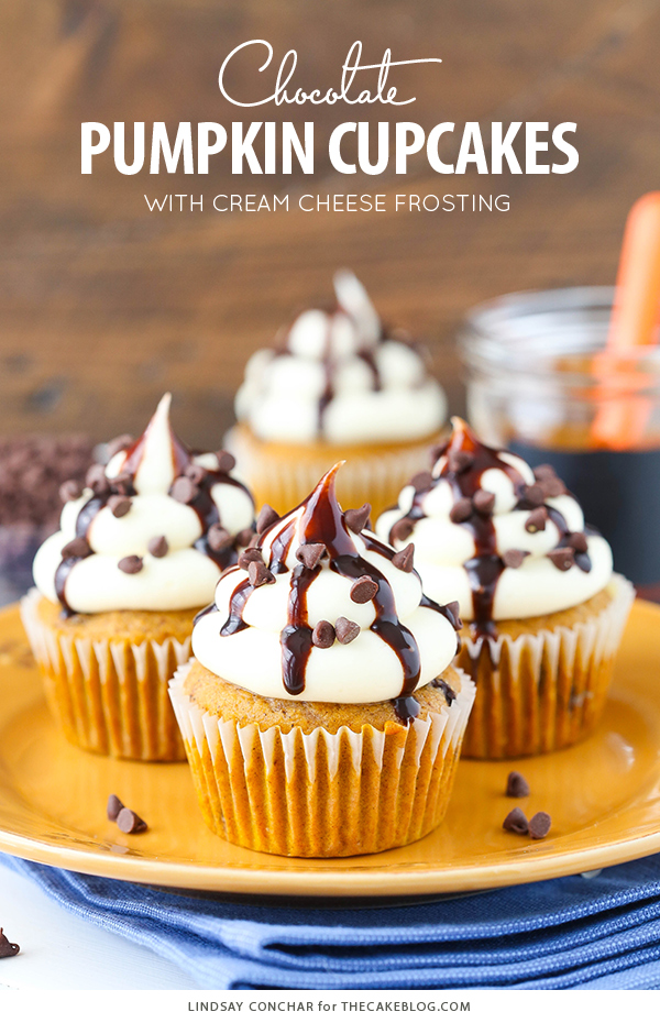 Pumpkin Chocolate Chip Cupcakes - pumpkin cupcakes studded with chocolate chips, topped with cream cheese frosting and chocolate sauce | by Lindsay Conchar for TheCakeBlog.com