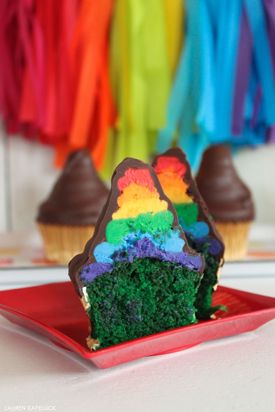 Green Velvet Cupcakes with rainbow buttercream | by Lauren Kapeluck | for TheCakeBlog.com