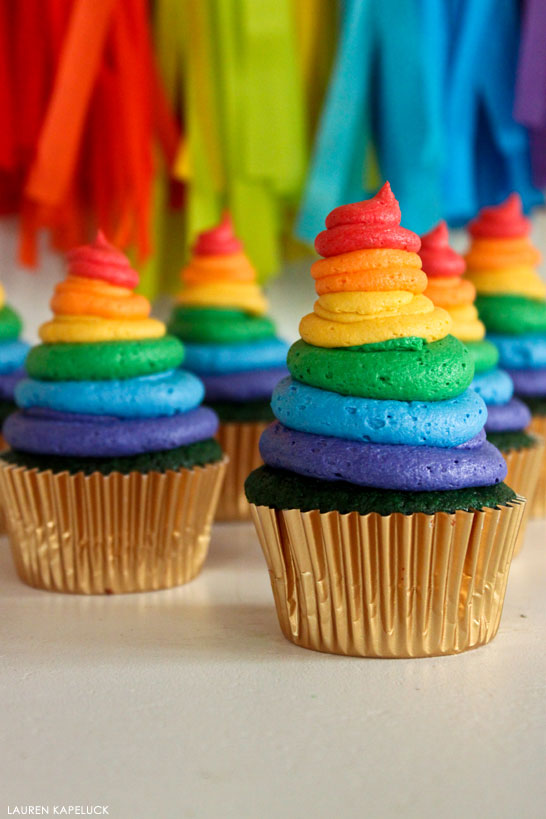 Green Velvet Cupcakes with rainbow buttercream | by Lauren Kapeluck | for TheCakeBlog.com