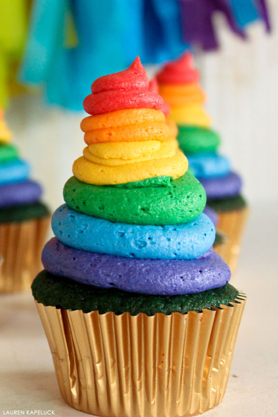 Green Velvet Cupcakes with rainbow buttercream | by Lauren Kapeluck | for TheCakeBlog.com