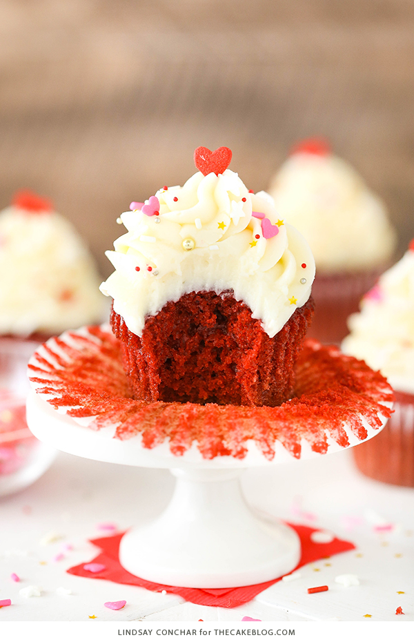 Red Velvet Cupcakes - super easy to make and stay moist for days, with a classic red velvet flavor and cream cheese frosting | Lindsay Conchar for TheCakeBlog.com