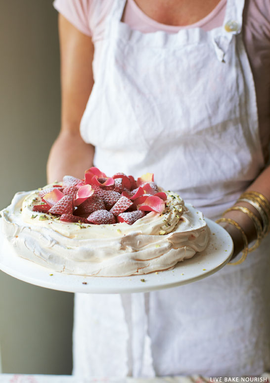 Rose water and pistachio pavlova with strawberries | from Live Bake Nourish by Amber Rose