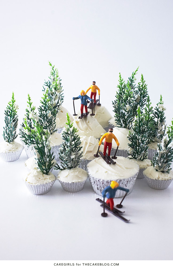 Ski Scene Cupcakes are a wintry dessert that's super easy to create at home for winter birthdays and snow themed parties. By Cakegirls for TheCakeBlog.com