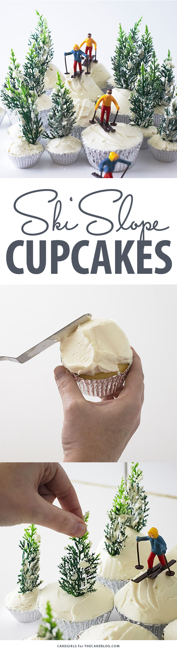 Ski Scene Cupcakes are a wintry dessert that's super easy to create at home for winter birthdays and snow themed parties. By Cakegirls for TheCakeBlog.com