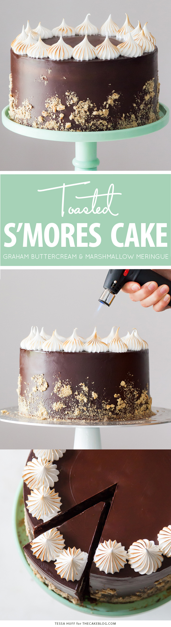 S'mores Cake - s'more inspired layer cake recipe with chocolate cake, graham cracker buttercream, chocolate ganache and toasted marshmallow meringue | by Tessa Huff for TheCakeBlog.com