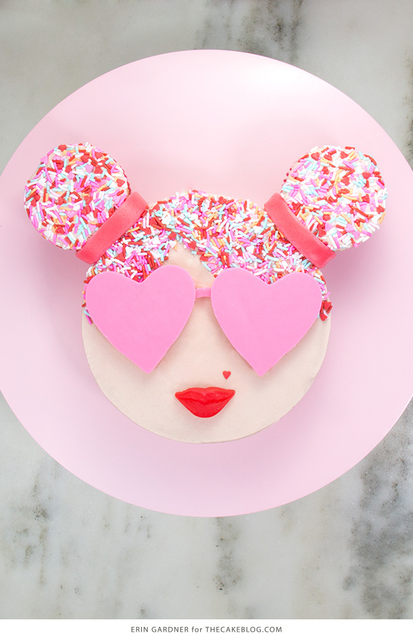 Sprinkle Girl Cake - how to make cute girly face cakes with sprinkles for the hair and chocolate heart sunglasses | by Erin Gardner for TheCakeBlog.com