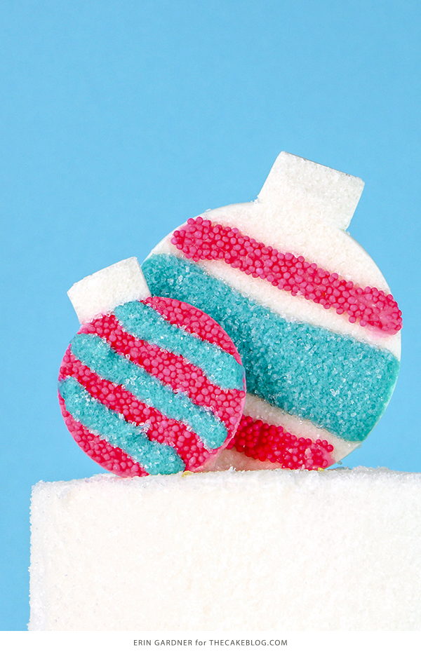 Sprinkle Ornament Cake – how to make sparkling ornaments for cakes and cupcakes using chocolate, cookie cutters and sprinkles | by Erin Gardner for TheCakeBlog.com