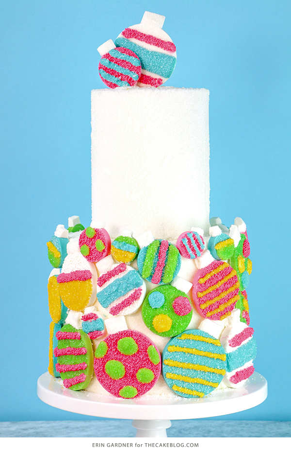 Sprinkle Ornament Cake – how to make sparkling ornaments for cakes and cupcakes using chocolate, cookie cutters and sprinkles | by Erin Gardner for TheCakeBlog.com