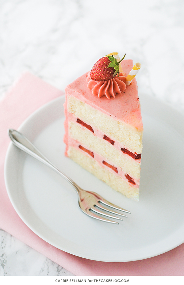 Strawberry Lemonade Cake - tender lemon cake paired with fresh strawberry buttercream | by Carrie Sellman for TheCakeBlog.com