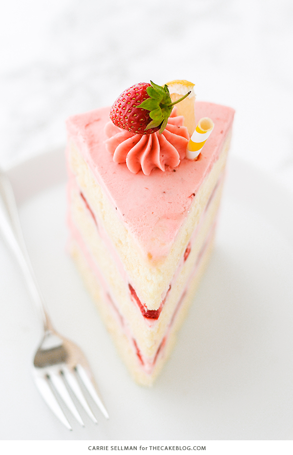 Strawberry Lemonade Cake - tender lemon cake paired with fresh strawberry buttercream | by Carrie Sellman for TheCakeBlog.com
